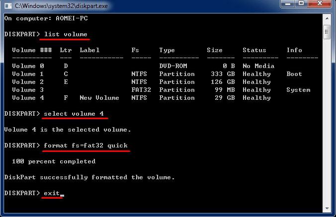 USB fat32 フォーマット　diskpartコマンド